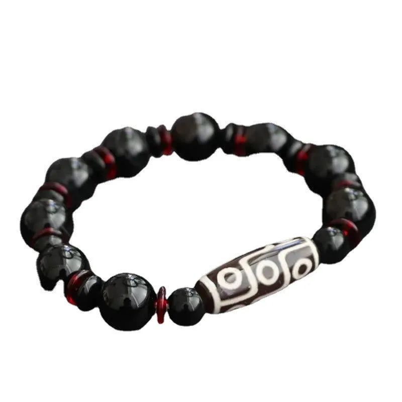 Hand-woven black agate Dzi bead bracelet with 11mm geometry-shaped chalcedony beads