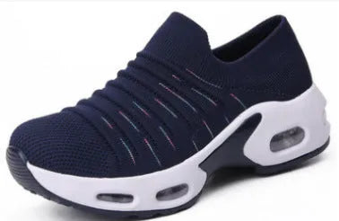 Women's stretch knitted sock shoes in various colours showing mesh upper and round toe design.