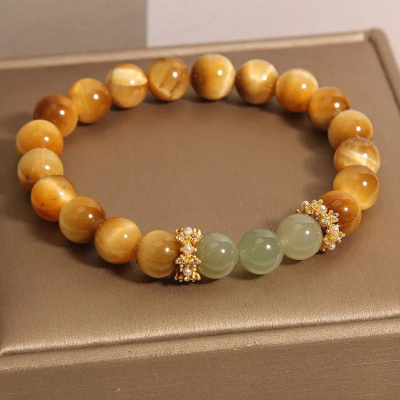 Natural yellow Tiger's Eye and Hetian jade U-shaped bracelet with auspicious patterns