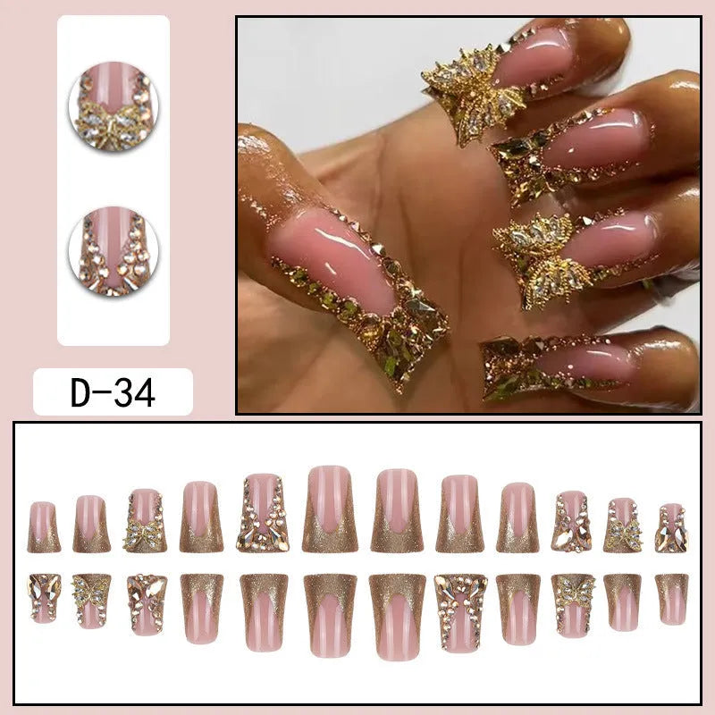 Golden diamond butterfly nail stickers 24pcs in colour D34 with glue or jelly glue for DIY manicure