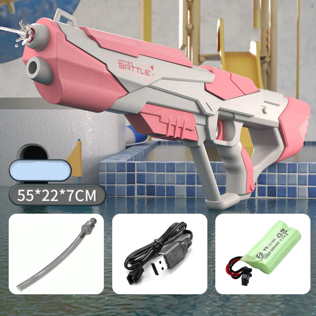 Blue electric water gun with USB charging cable and automatic straw