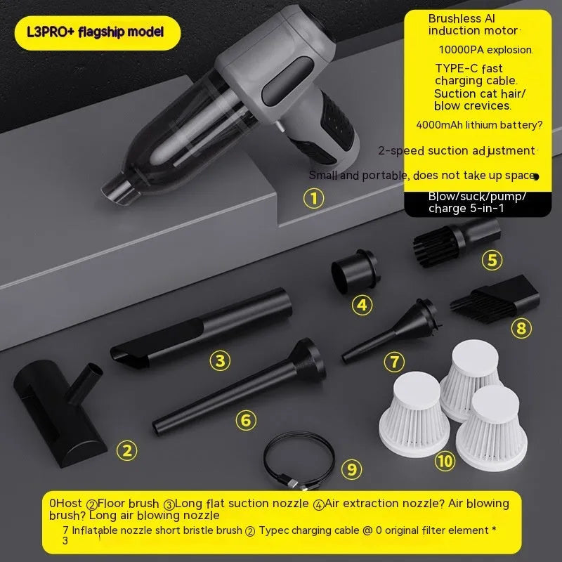 Standard Black car wireless handheld vacuum cleaner with 6KPa suction, 4000mAh battery, and Type-C port