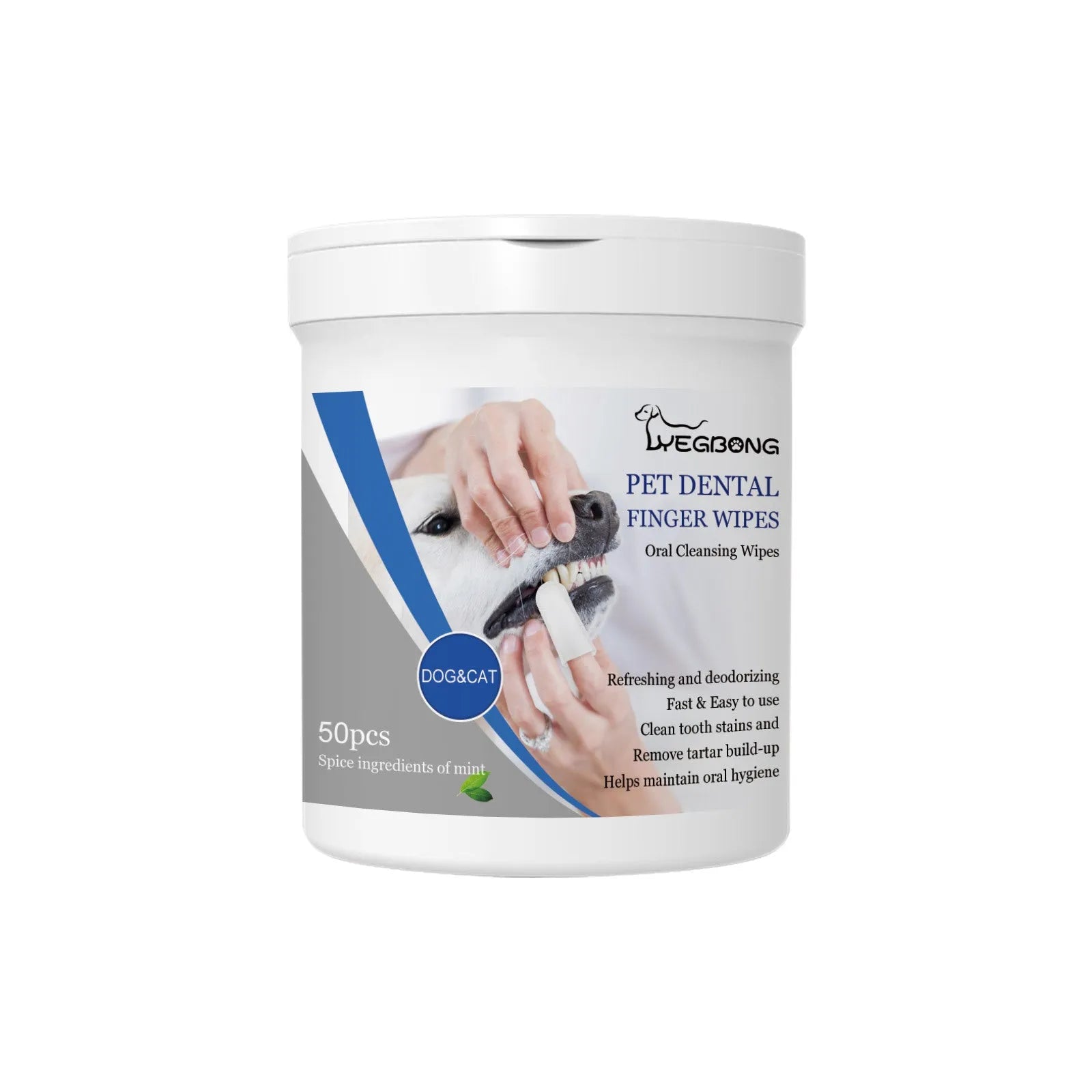 Can of 50 dog teeth cleaning finger wipes next to a silicone finger stall for oral care.