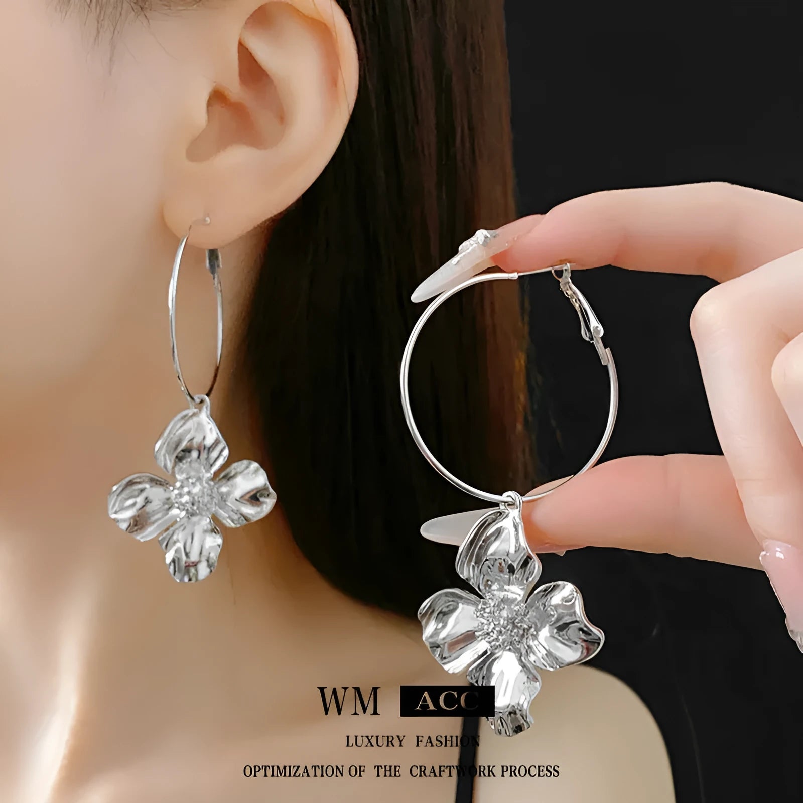 Silver needle metal flower earrings with geometric floral design in gold or silver colour