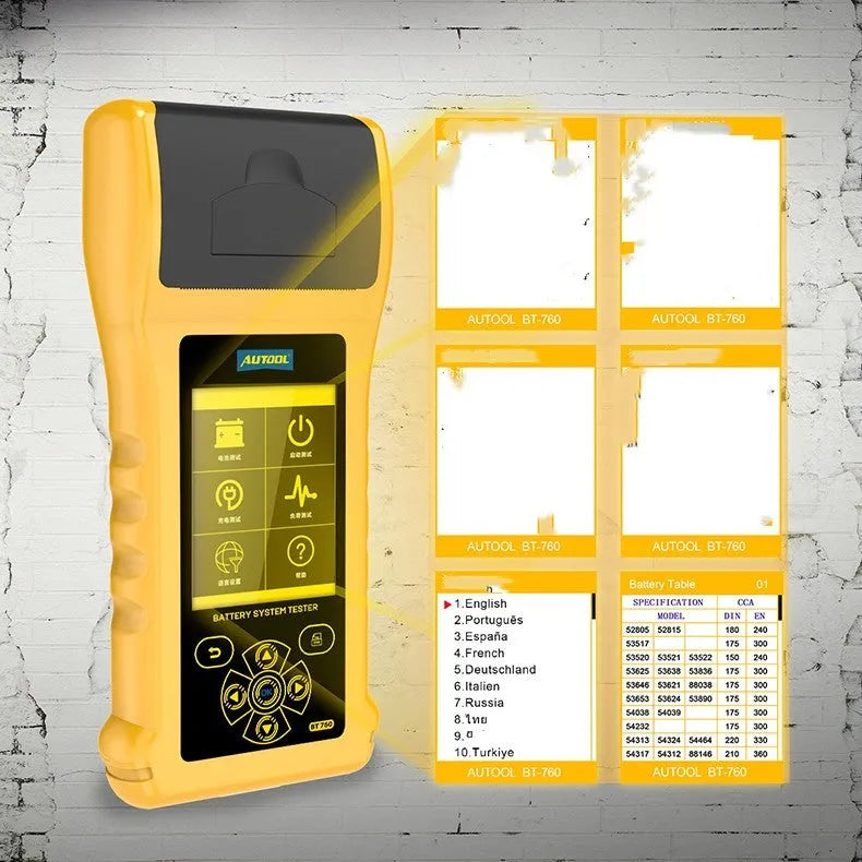 Autool BT760 vehicle battery diagnostic tool with colour screen, clips, and printed test receipt.