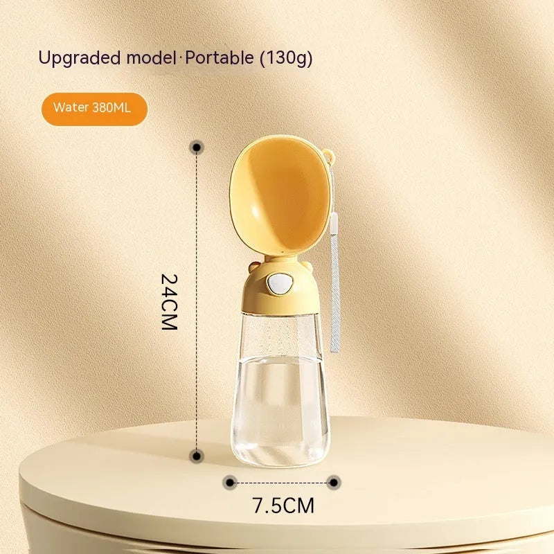 Portable dog water bottle with attached bowl in yellow, pink and brown colour options