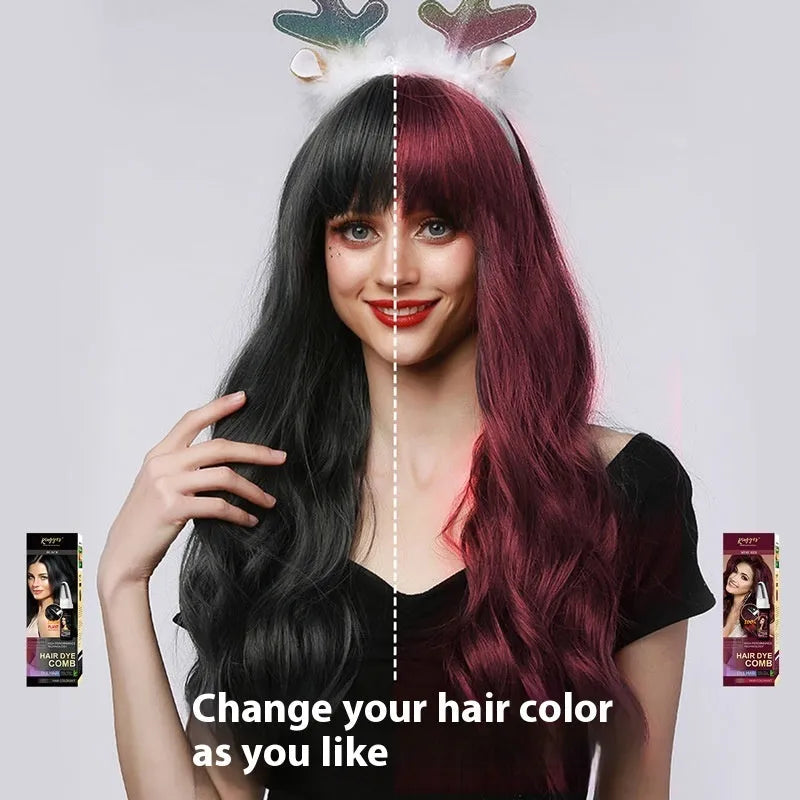 Hair dye kit with comb applicator showing Black, Wine Red and Brown colour options