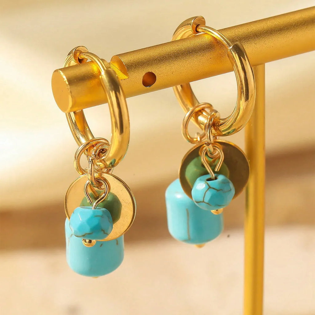 Bohemian natural stone turquoise eardrops in blue on electroplated stainless steel for women