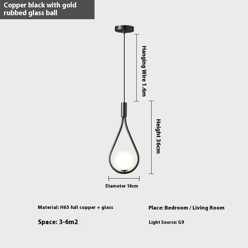 Modern minimalist bedside chandelier lamp for bedrooms with copper or black and gold finishes