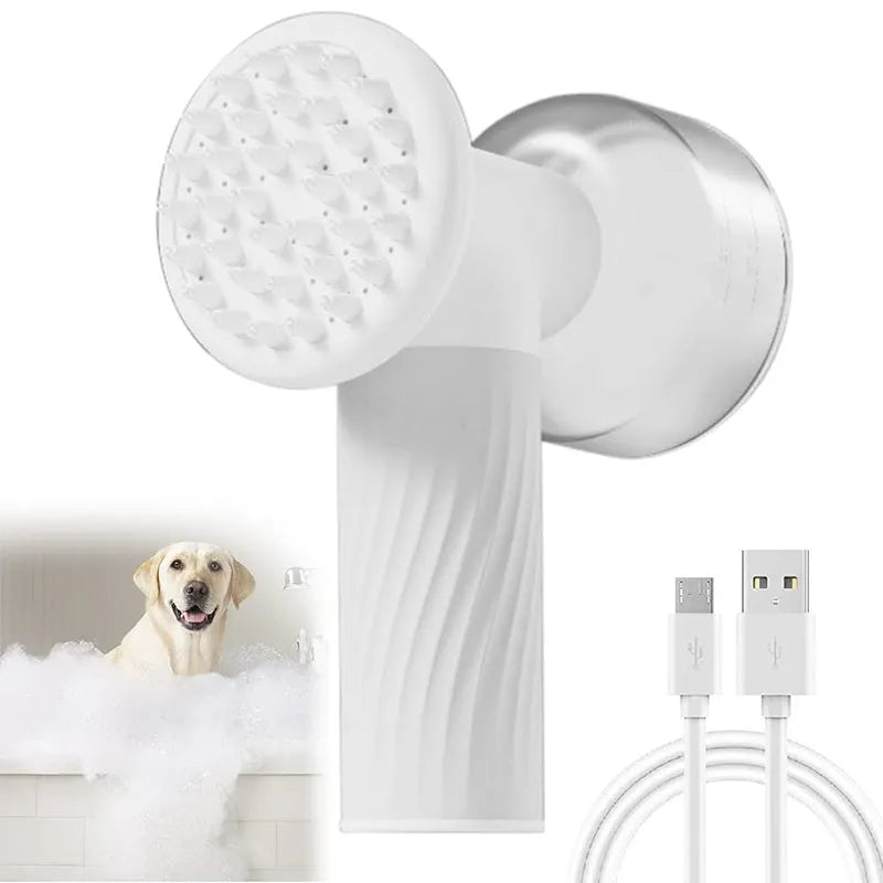 Automatic foaming dog bath brush with soap dispenser and silicone bristles on a white background