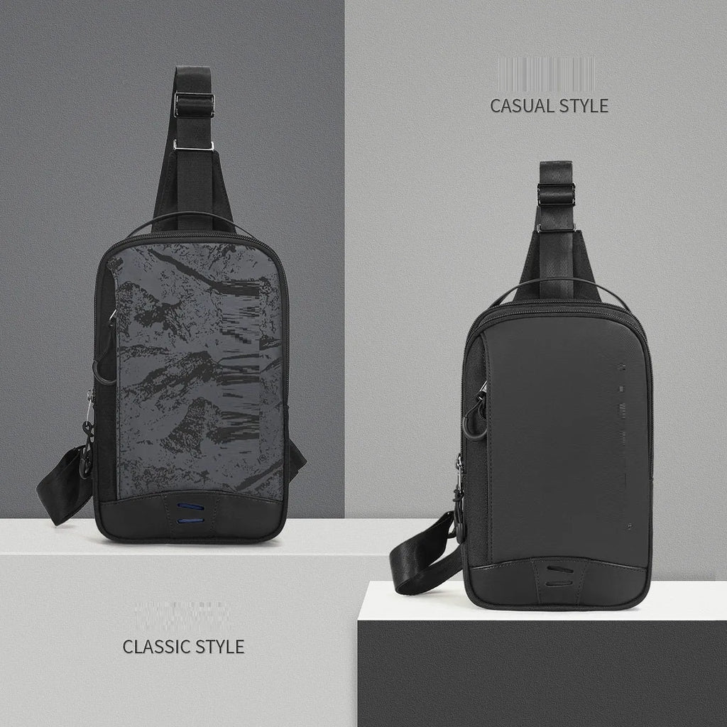 Casual black waterproof TPU chest pack with shoulder strap and soft handle in a street style.