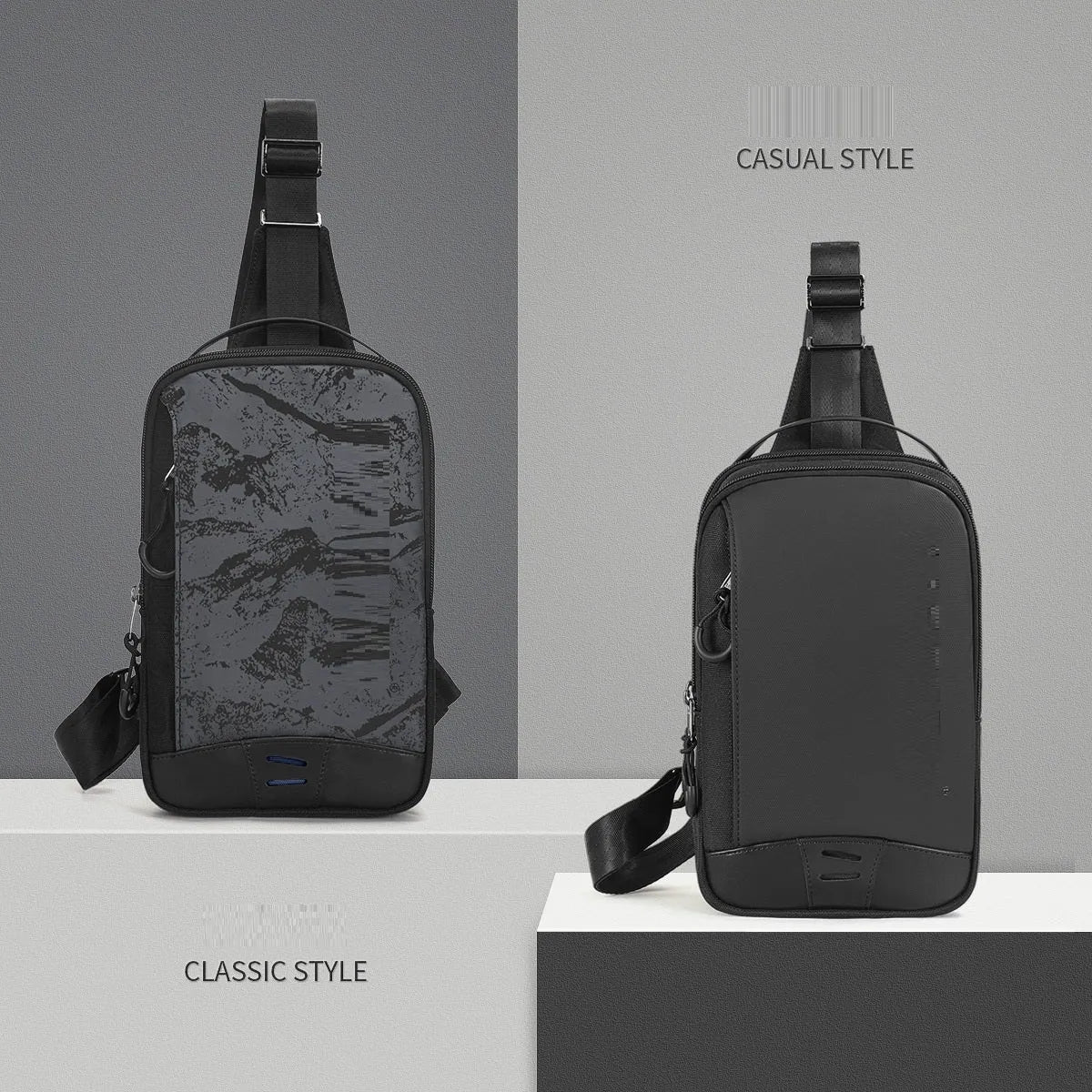 Casual black waterproof TPU chest pack with shoulder strap and soft handle in a street style.