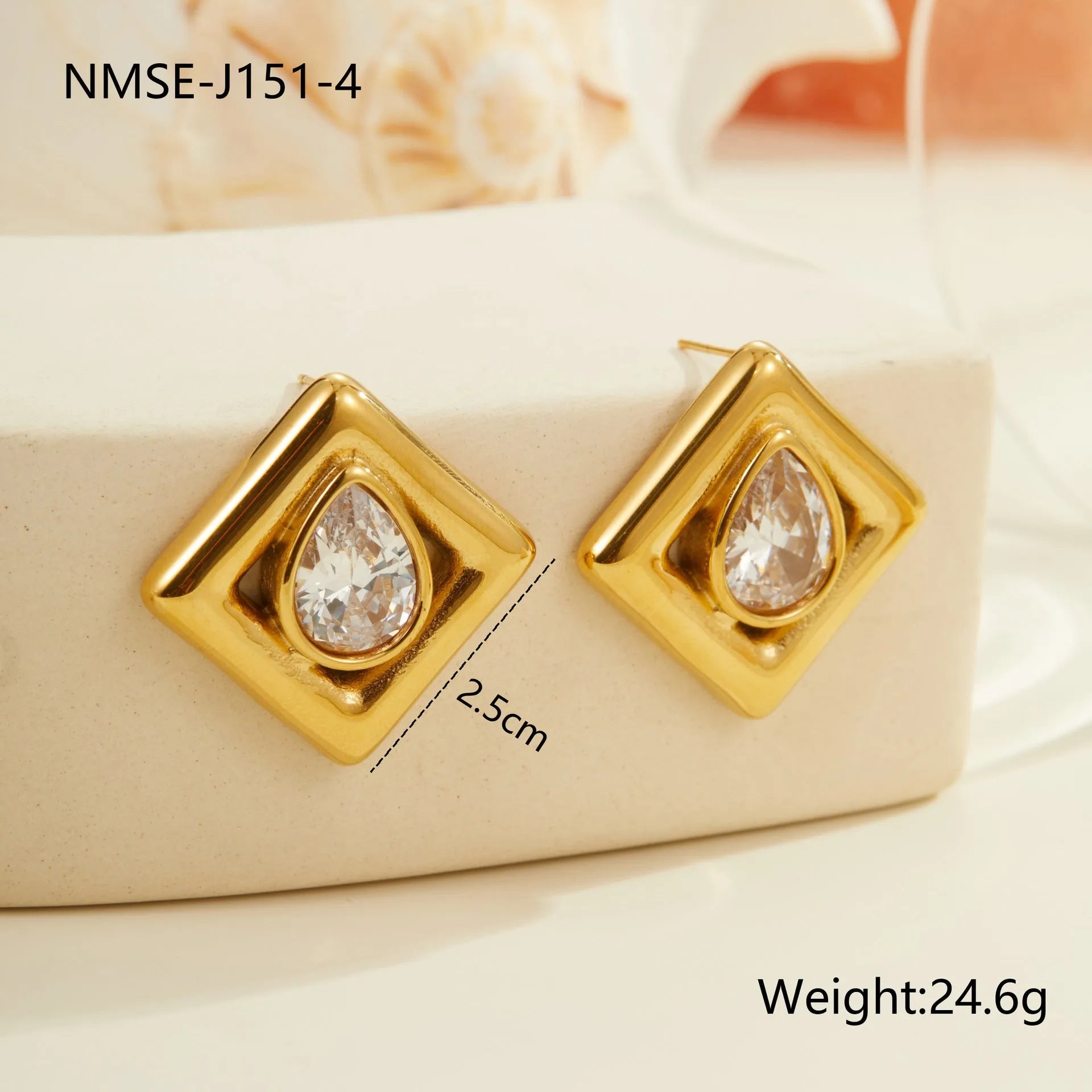 Gold geometric water drop stud earrings with inlaid zircon stones on stainless steel