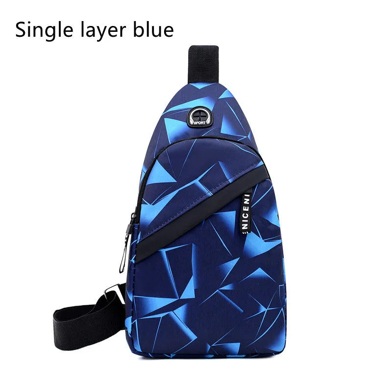 Men's print sling chest bag with earphone hole, Oxford cloth construction, showing front view with zipper opening