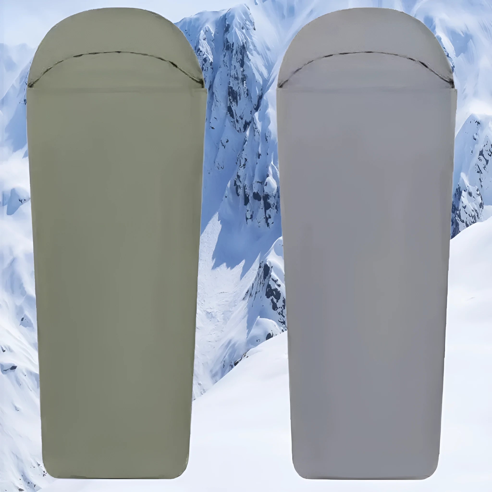 Blue or green nylon camping sleeping bag with mummy-style construction for adult outdoor use