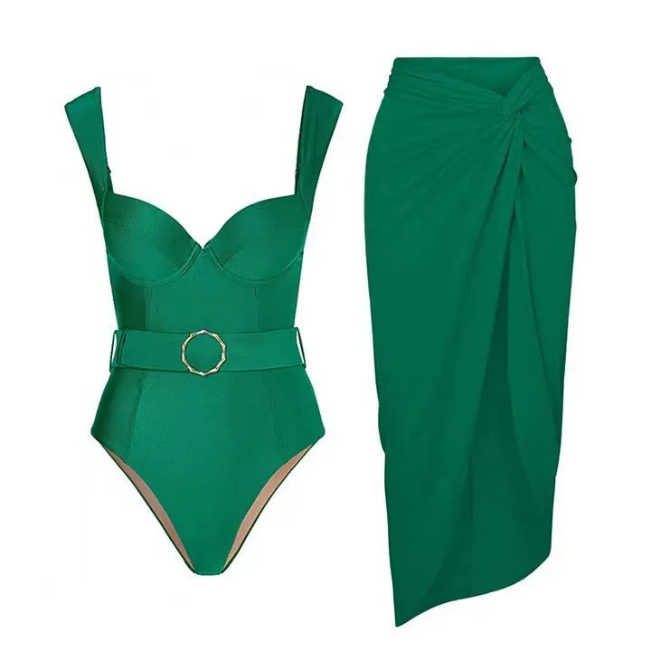 Women's one-piece swimsuit with gauze skirt in double-shoulder and oblique-shoulder styles.