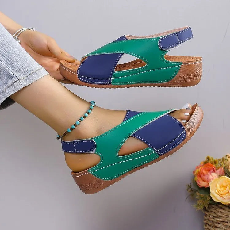 Women's summer colourblock cross-strap wedges sandals with Velcro fastening in round toe style