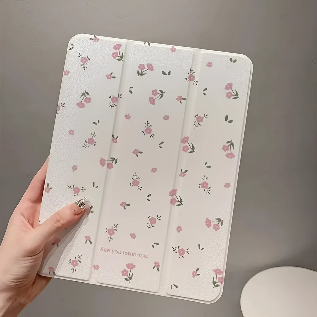 Transparent floral tri-fold tablet protective case for Apple iPad with magnetic closure