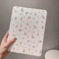 Transparent floral tri-fold tablet protective case for Apple iPad with magnetic closure