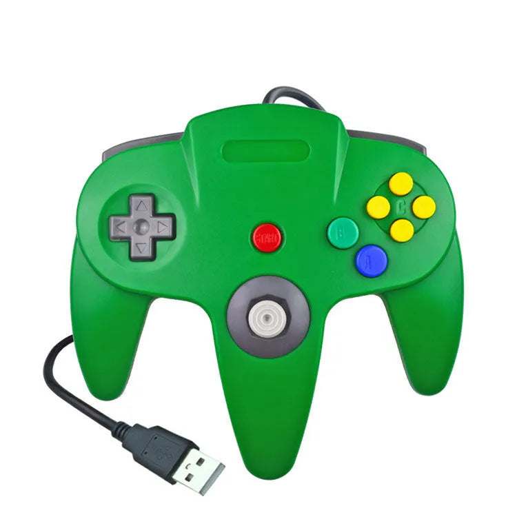 USB N64 computer game controller for PC in various colours including transparent blue, green, and red.
