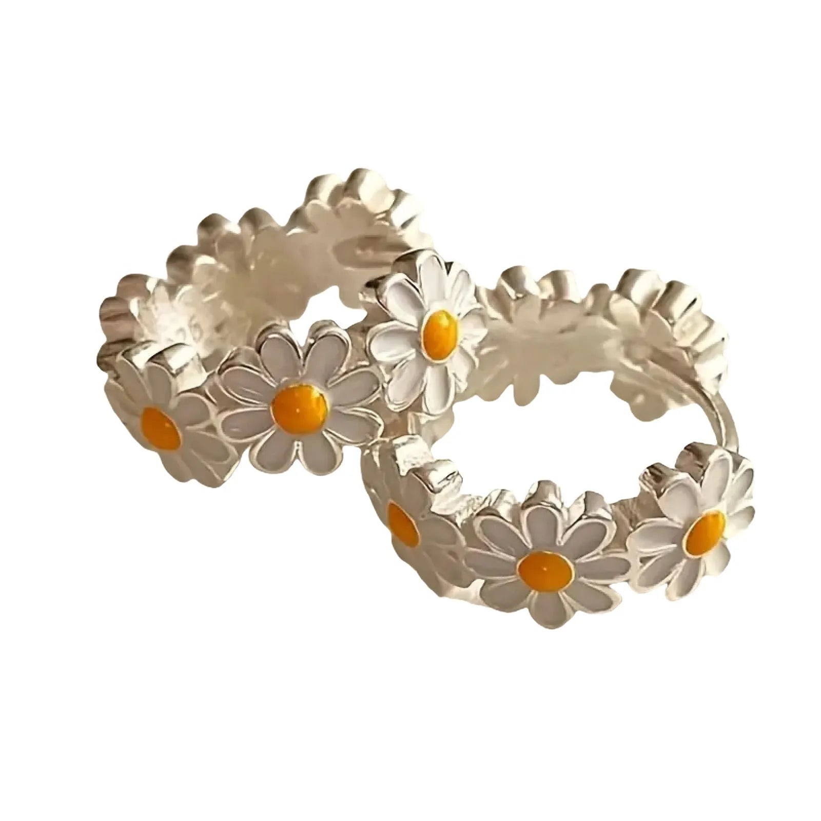 White daisy flower ring drop earrings with electroplated copper construction and platinum inlaid gem detailing