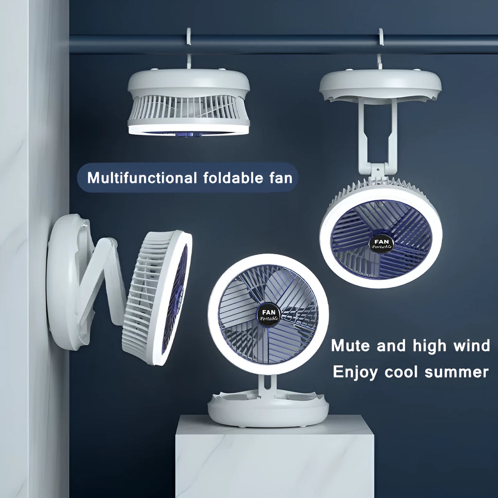 Blue or grey foldable USB fan with LED light showing desk and wall mounting options