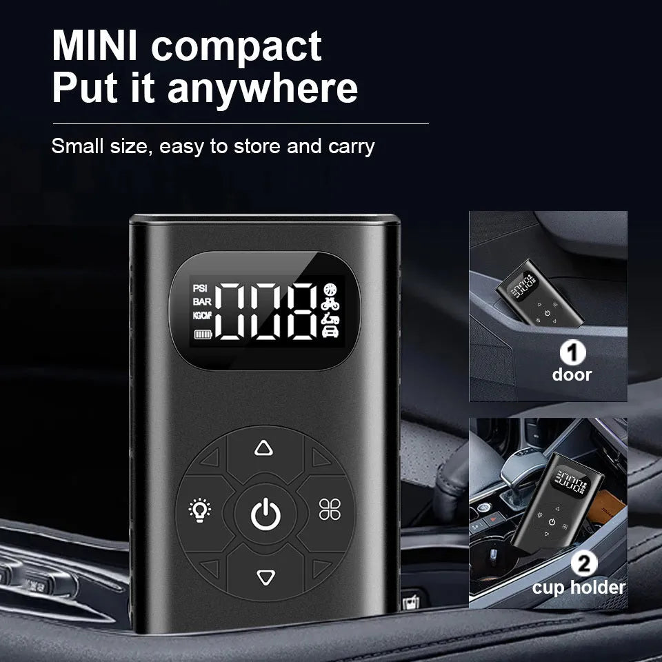 Black M09X digital portable tyre inflator with display, USB port, and 16 cm tube on a grey background.