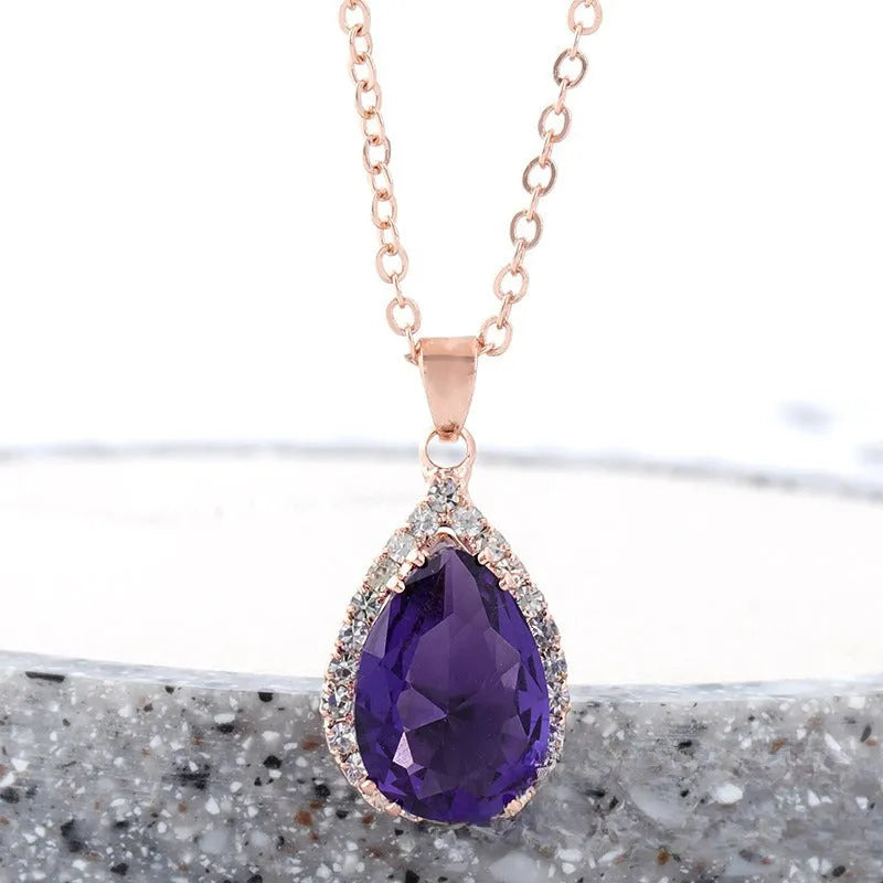 Women's rose gold water drop rhinestone necklace with geometric design and artificial gemstone inlay