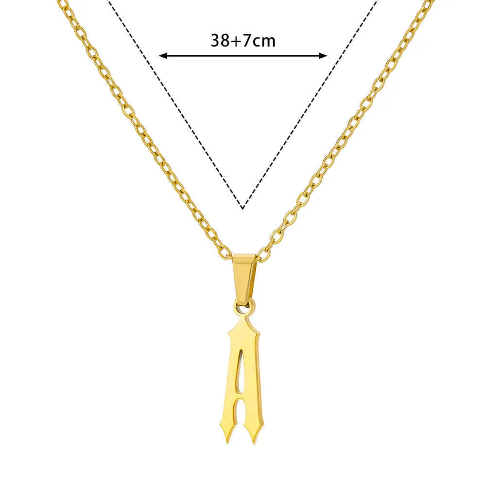 Gold stainless steel ancient English letter pendant necklace with O-ring chain on white background
