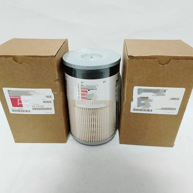 FS19764 diesel fuel filter with white housing and specifications for generator use.