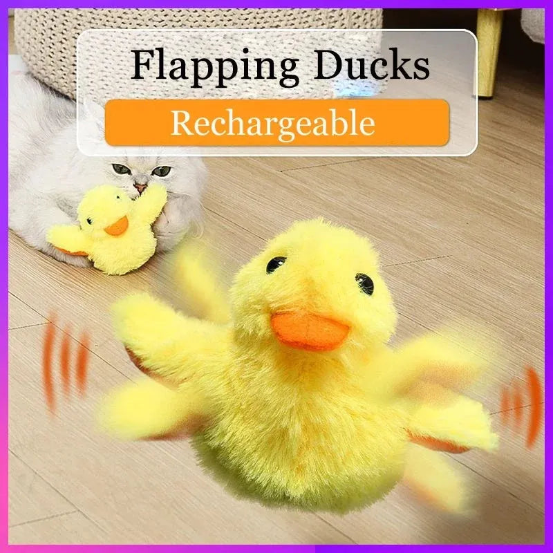 Yellow flapping duck cat toy with rechargeable battery and removable washable plush cover