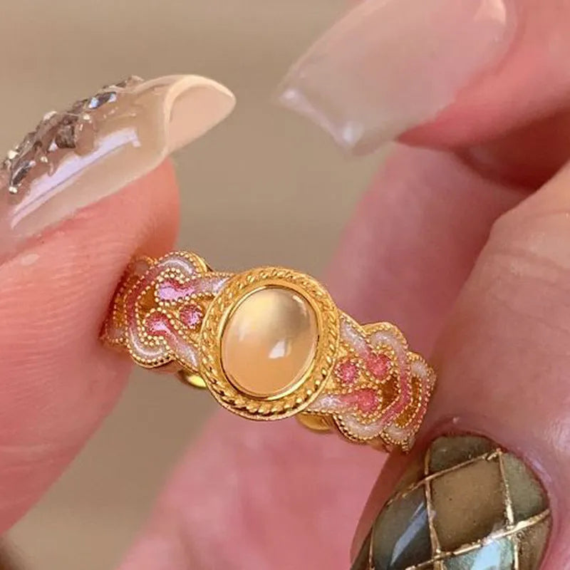 Women's geometric open mouth ring with pink crystal enamel on copper gold plating