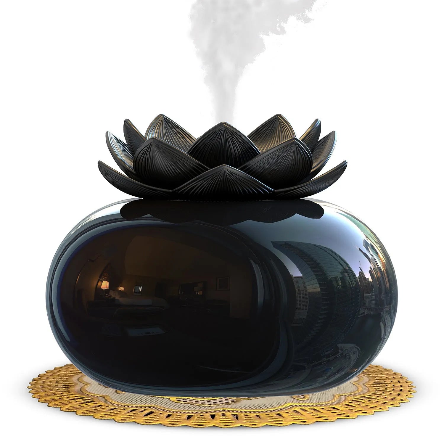 Pure black lotus aromatherapy humidifier with USB connection and ceramic construction