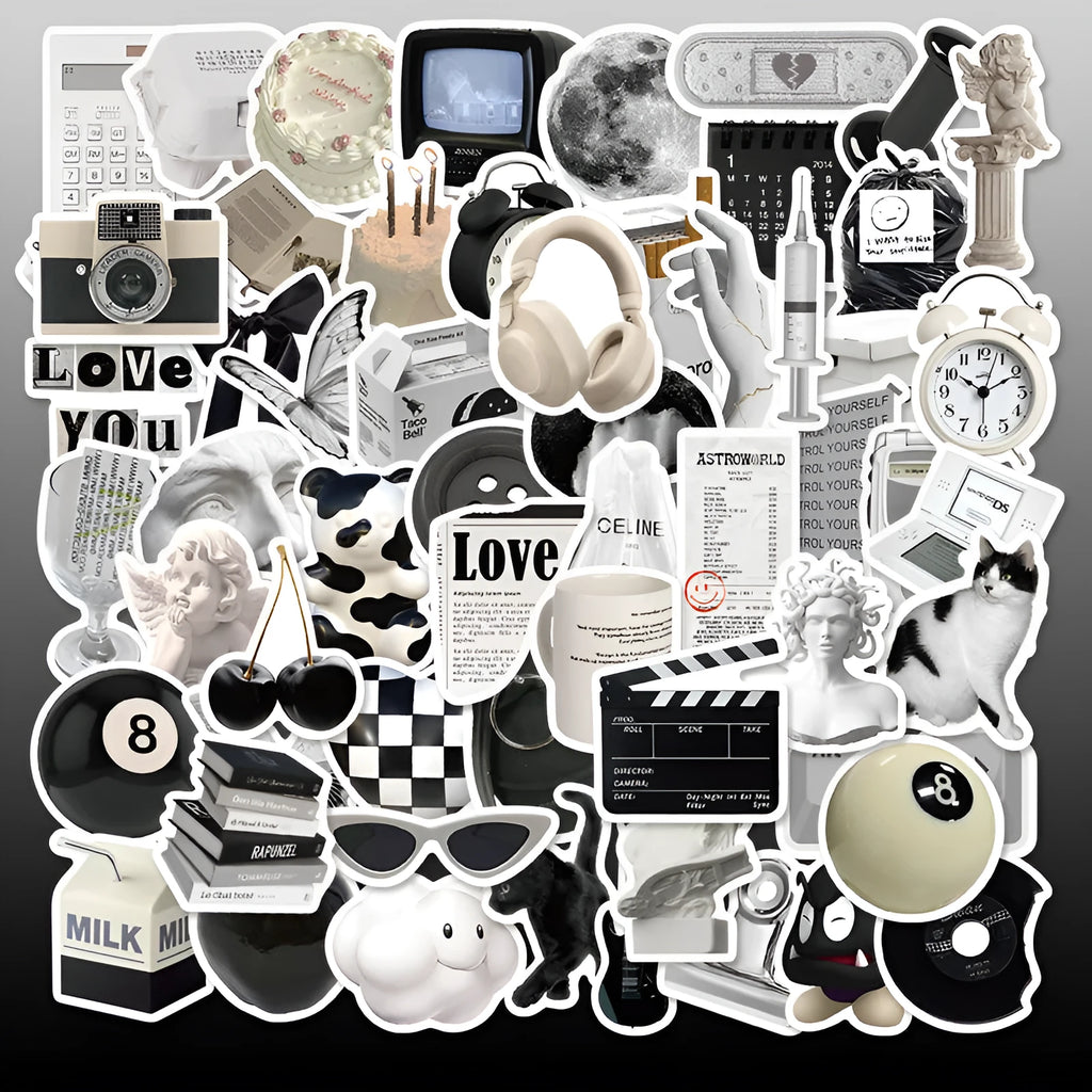 Assortment of 61 black and white waterproof PVC stickers for laptops, phones, and travel gear.
