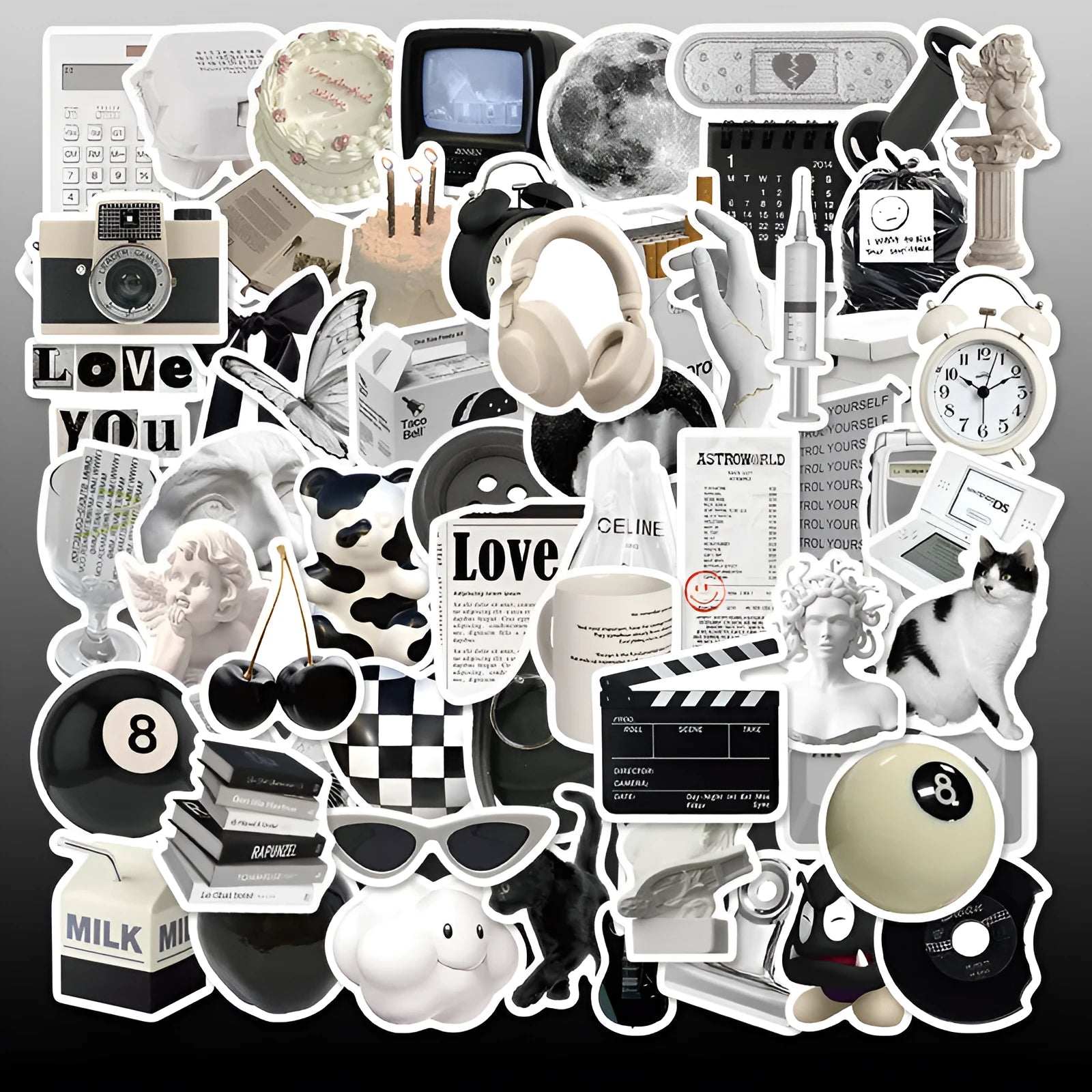 Assortment of 61 black and white waterproof PVC stickers for laptops, phones, and travel gear.