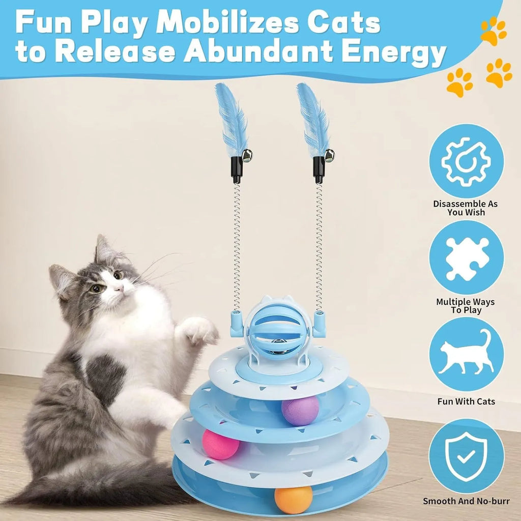 Interactive four-tier carousel cat toy with colourful balls and teasing rods on a non-slip base.