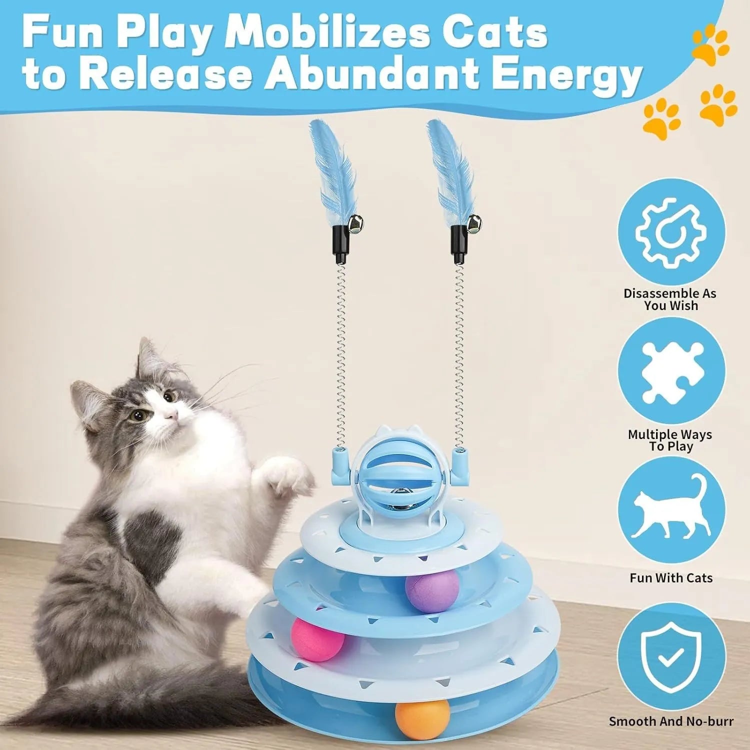 Interactive four-tier carousel cat toy with colourful balls and teasing rods on a non-slip base.