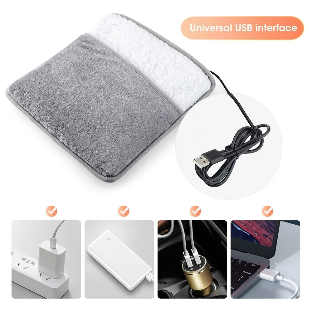 Grey USB heating feet warmer with cord and mechanical switch on floor