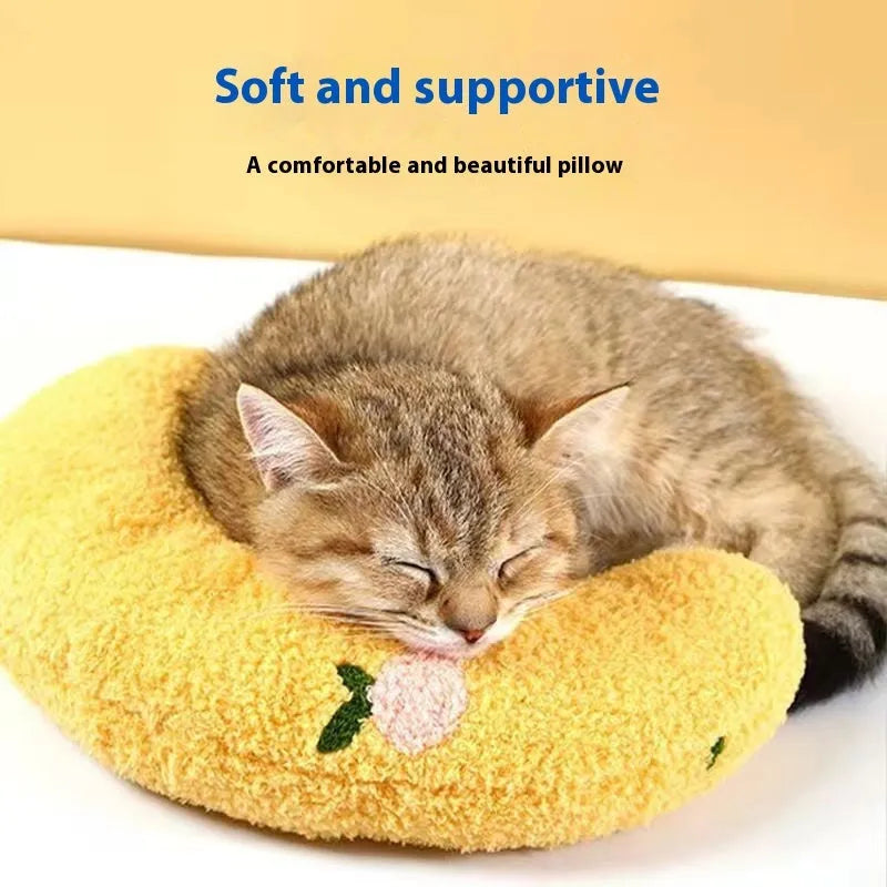 U-shaped cat neck protection pillow in moon and question mark styles with blue, white, and yellow colour options