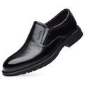 Men's black cowhide formal leather shoes with rubber sole and low upper, side view