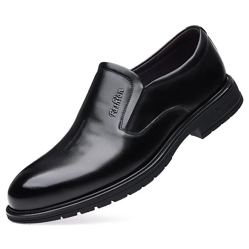 Men's black cowhide formal leather shoes with rubber sole and low upper, side view