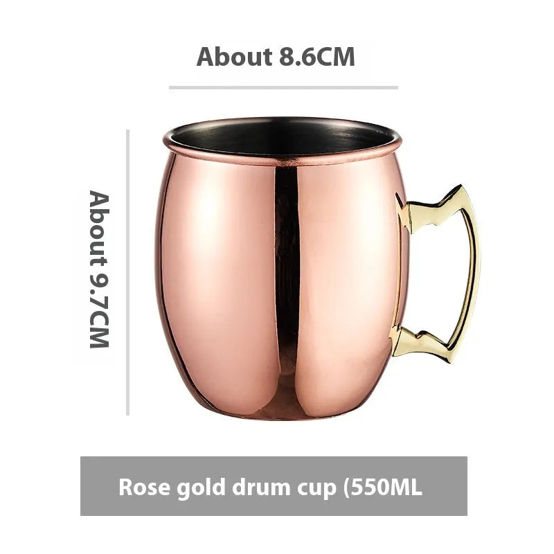 Stainless steel Moscow Mule cup with copper-plated finish in hammered and plain styles.