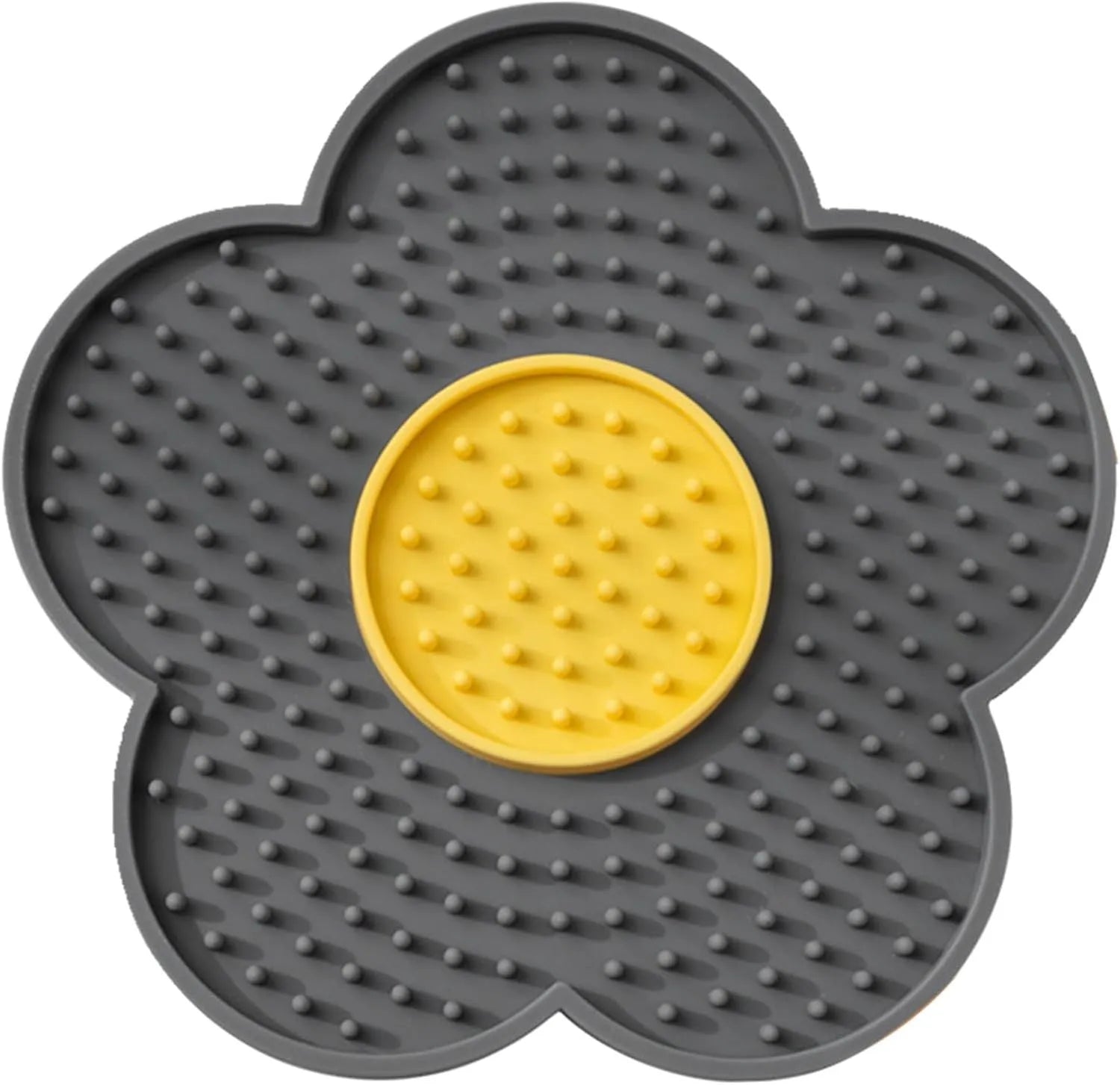 A blue flower-shaped silicone lick mat for pets with four white suction cups on the underside.