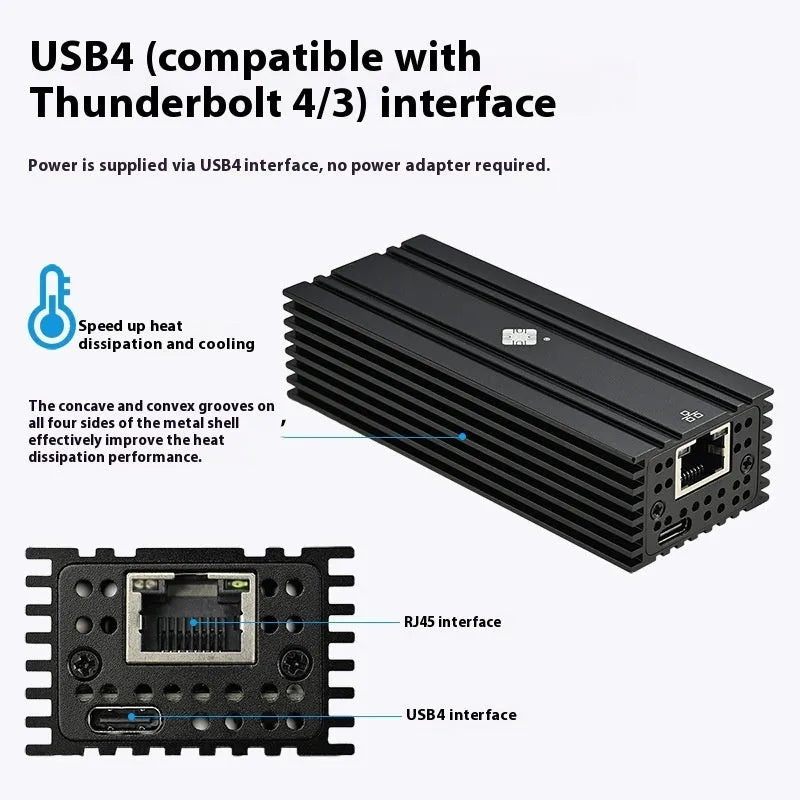 Black USB4 to RJ45 10 Gigabit network adapter with 20cm cable