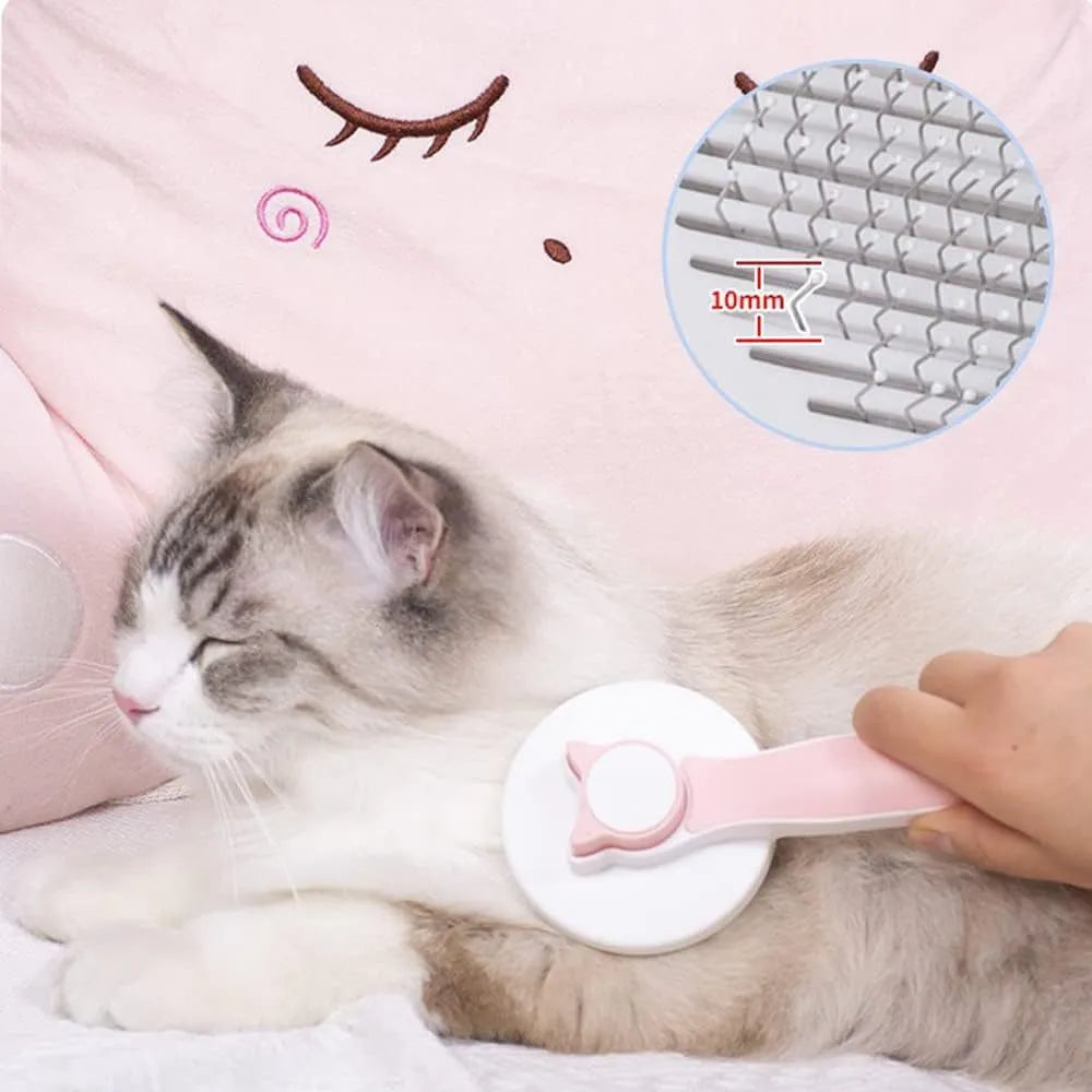 Blue self-cleaning cat brush with rubber-tipped needles and ergonomic handle for pet grooming