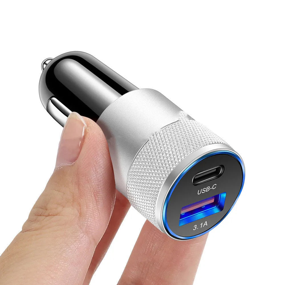 Compact aluminium alloy mobile phone car charger for 12V vehicles with black or black silver finish