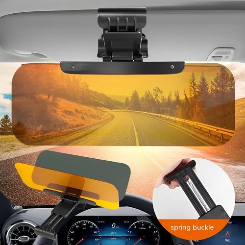 Dual-function car sun visor with anti-high beam goggles and telescopic installation system