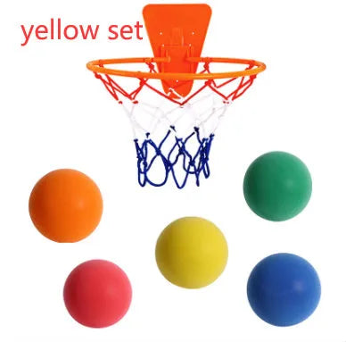 Silent high-density foam basketball in assorted bright colours showing bounce height and size comparison