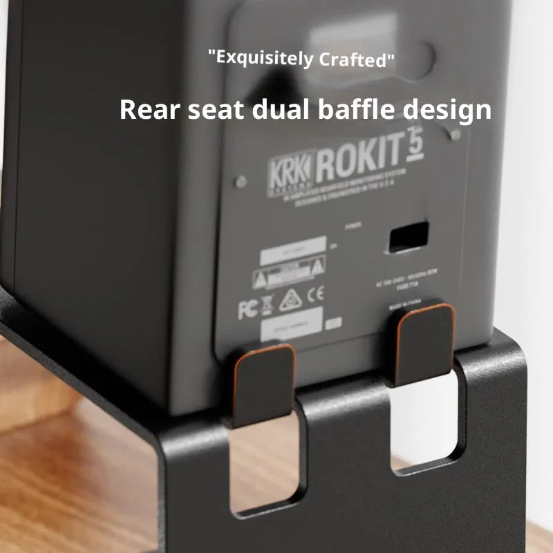 Black carbon steel single-layer desktop audio elevated rack with a speaker on top