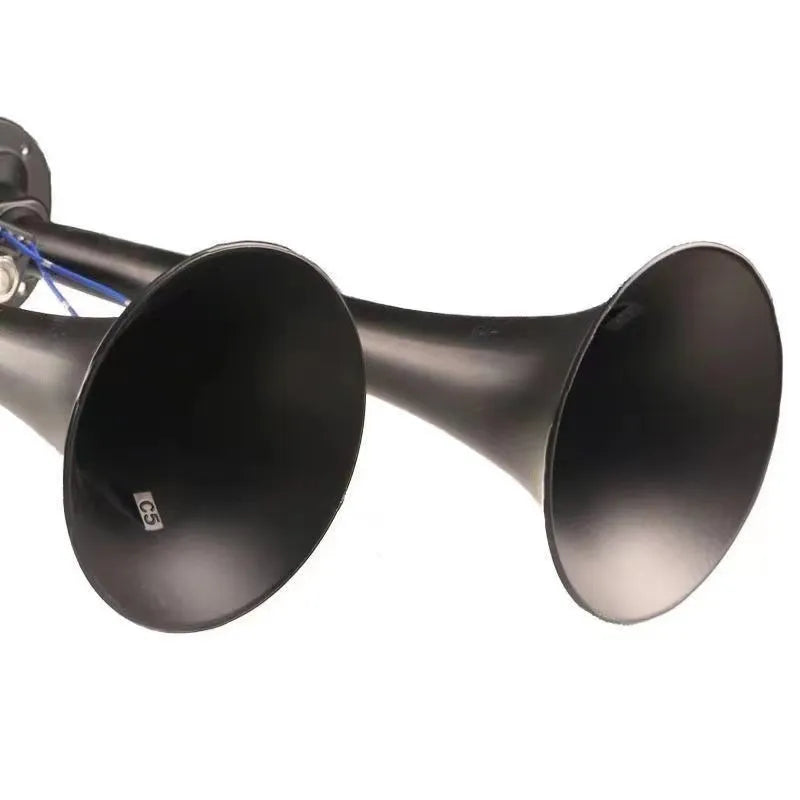 Black dual trumpet air horn kit with compressor for 12V and 24V vehicle installation